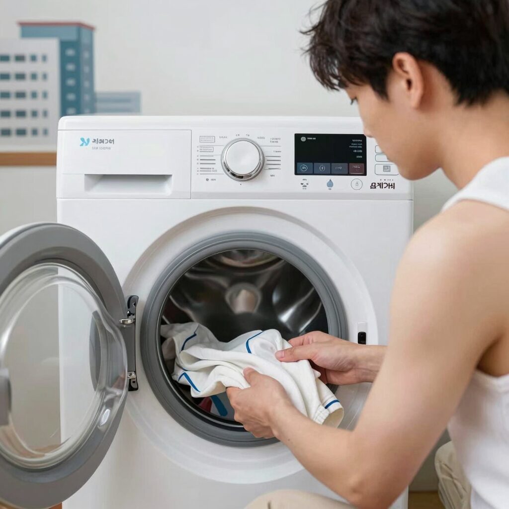 수영복 세탁기 사용 전 케어라벨 확인하는 모습