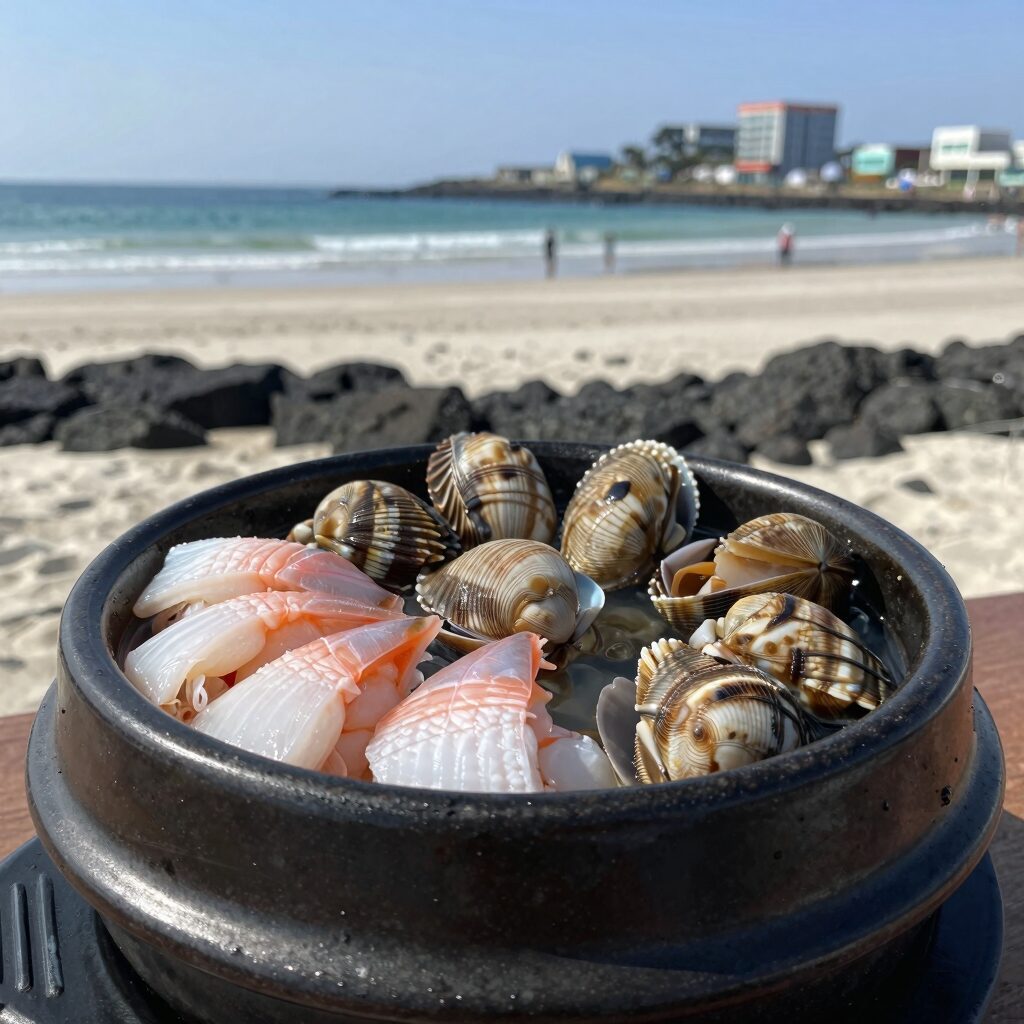 제주 월정리 해수욕장 근처 동복뚝배기 함덕에서 제공한 모둠물회 그릇, 차갑게 식힌 그릇 위에 신선한 갈치회와 전복, 한치가 담겨 있다