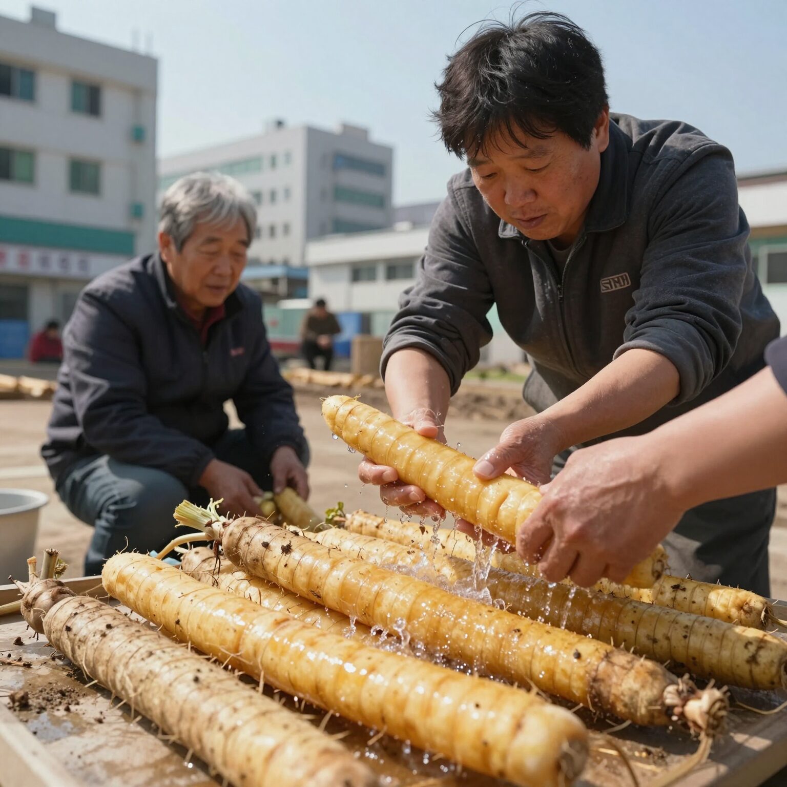 데친 고구마줄기를 찬물에 헹궈 아삭한 식감을 살리는 과정