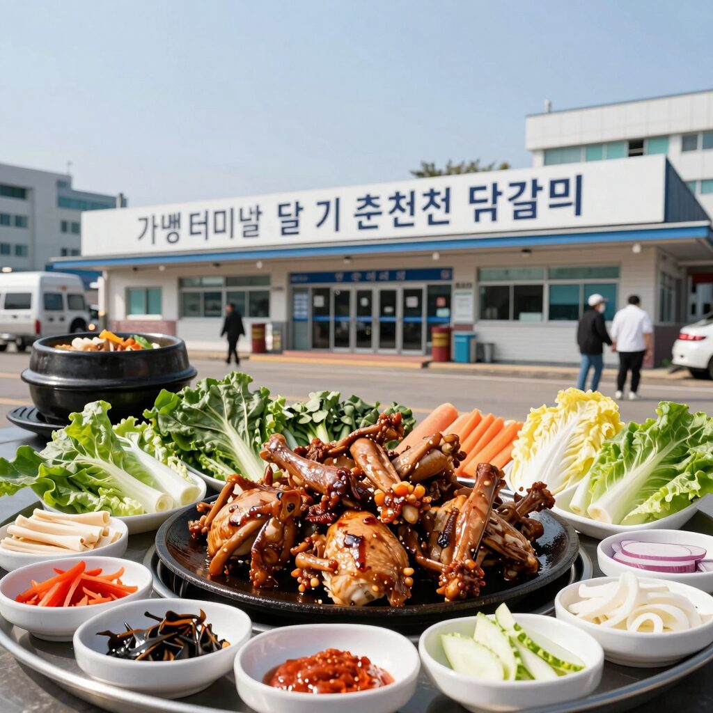 가평터미널 닭갈비 달기춘천닭갈비 철판에 익는 닭갈비와 각종 야채 모습