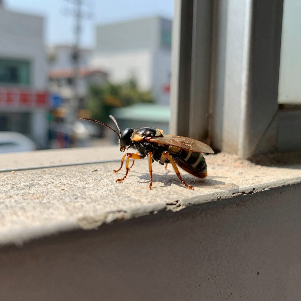 작은 벌레 섶벌레가 창틀 주변에서 발견된 모습