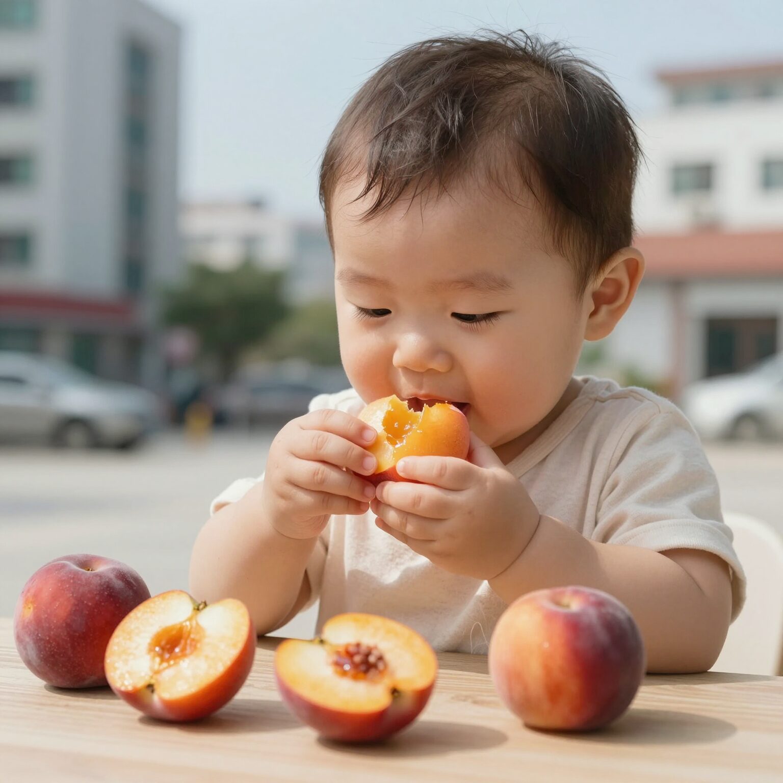 아기에게 익힌 복숭아 과육을 소량 먹이는 모습