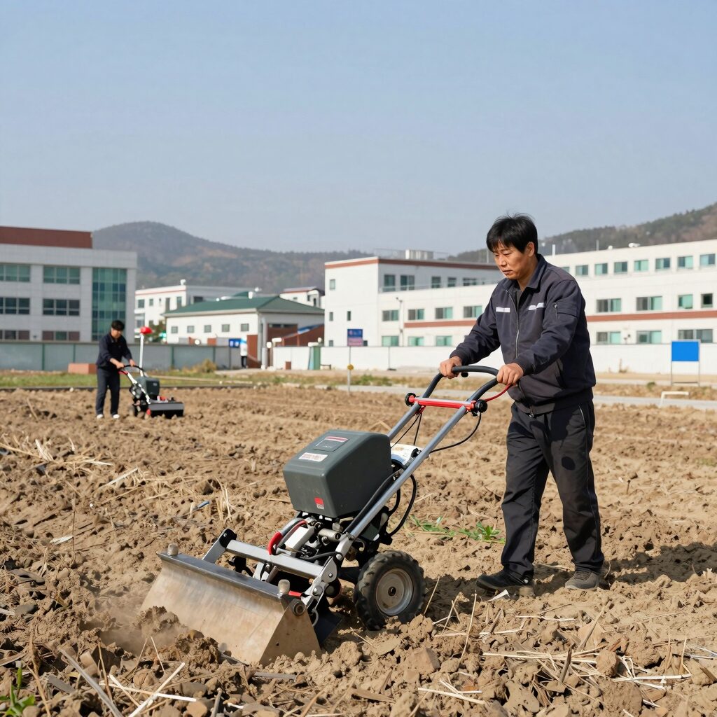 4행정 엔진 예초기 제초 작업 장면