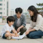 1학년 그림일기 이렇게 시작해요 1학년 그림일기를 쓰는 아이와 부모의 대화 모습