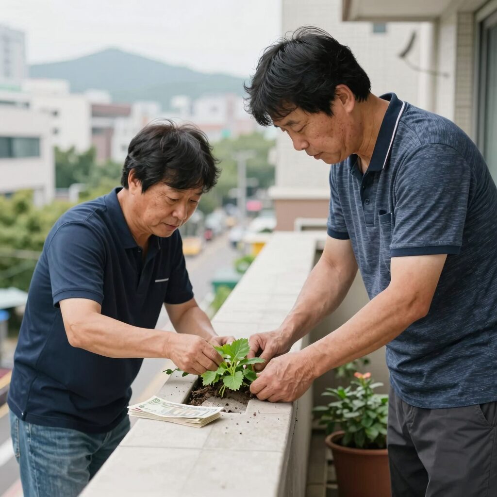 노린재 냄새를 막기 위해 베란다 창틀 틈을 점검하는 모습