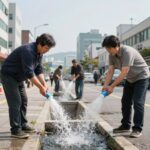 곱등이 퇴치약 효과적인 사용법 곱등이 퇴치약을 배수구에 분사하는 모습