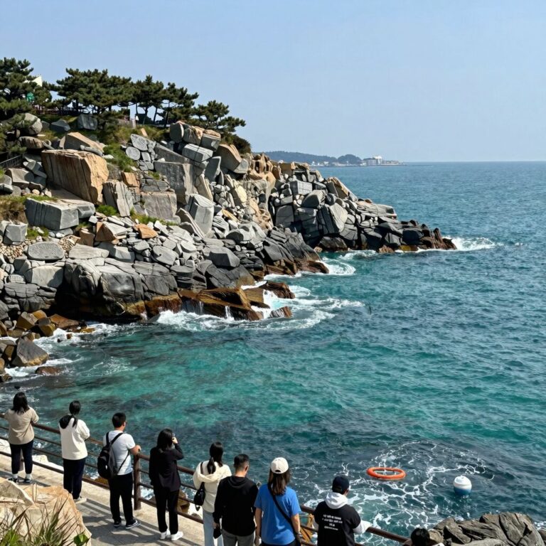 황우지 선녀탕 전망대에서 바라본 에메랄드빛 바다와 현무암 절벽
