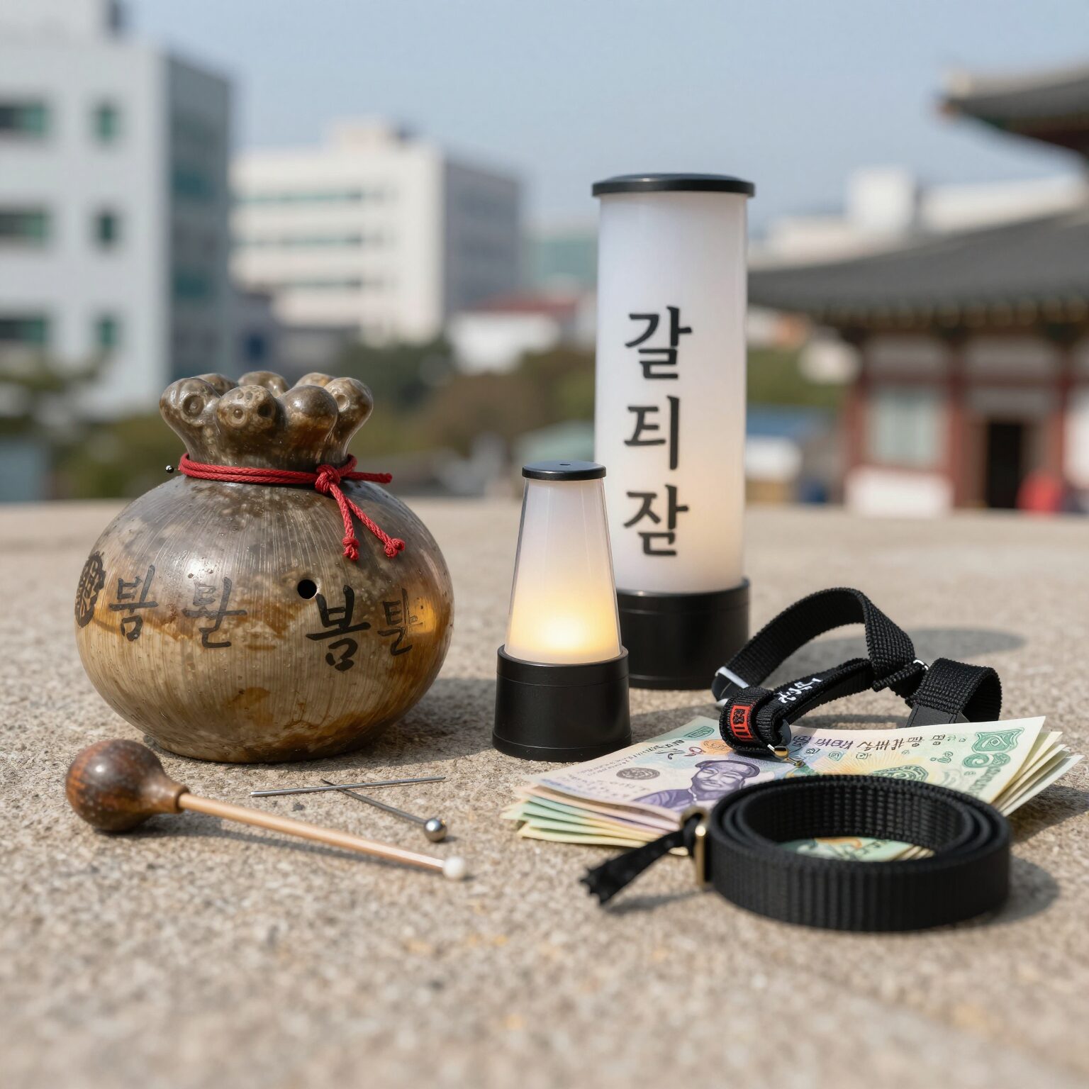 갈치 채비 구성품 사진. 봉돌, 바늘, 야광봉, 목줄 등 다양한 부품이 함께 놓여 있다.