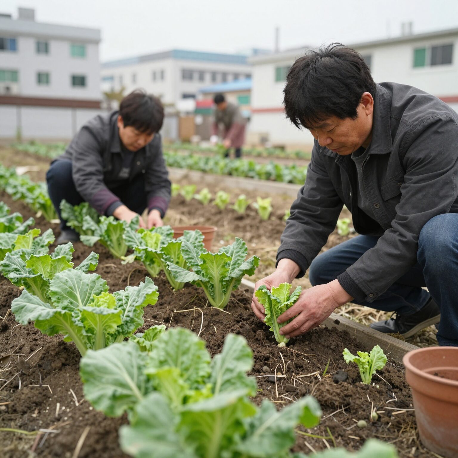 건강한 김장배추 모종을 선택하는 방법과 텃밭에 심는 장면