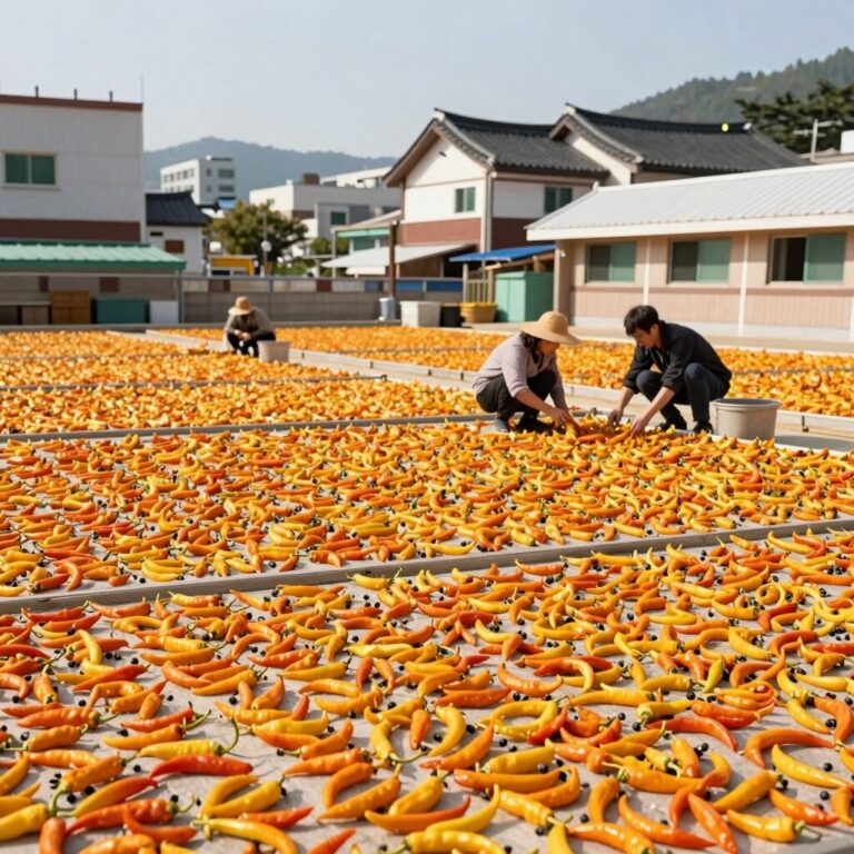 햇볕에 널려 있는 태양초 고추 건조 과정