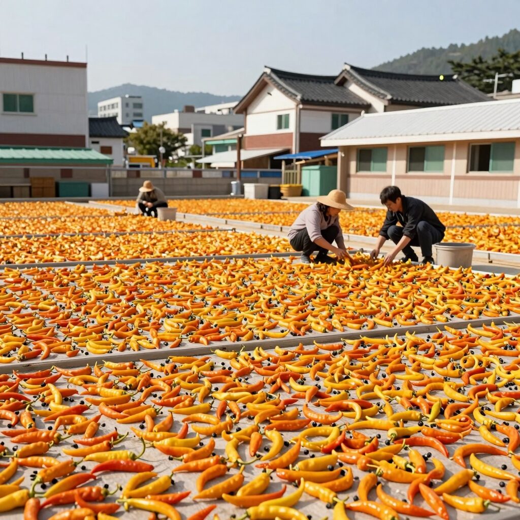 햇볕에 널려 있는 태양초 고추 건조 과정