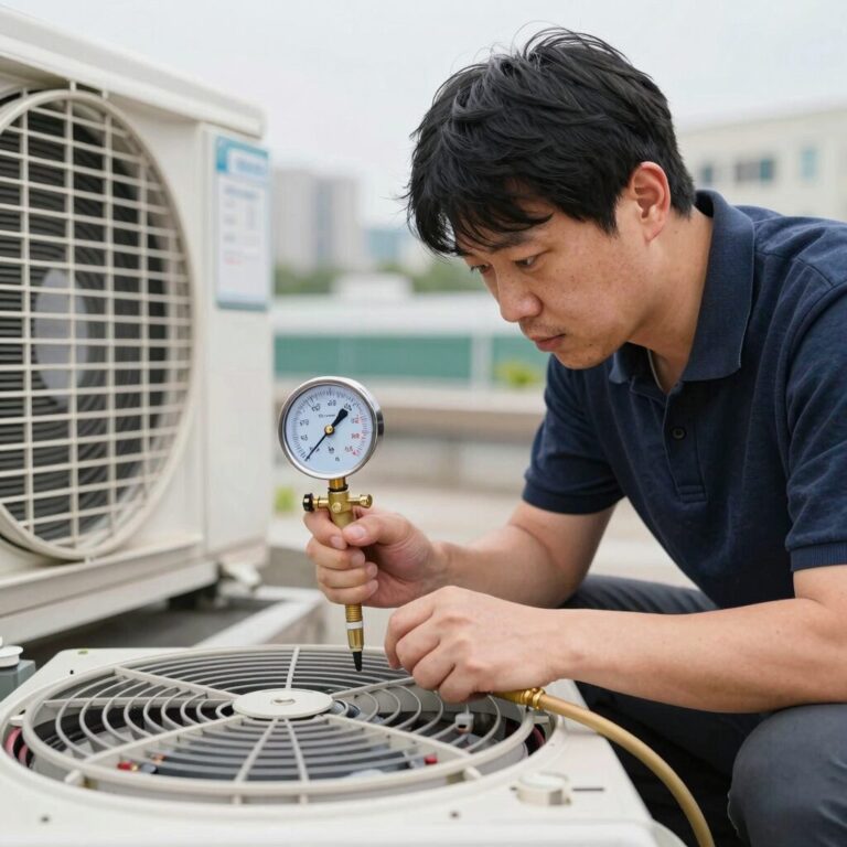 에어컨 냉매 충전 작업 시 압력 게이지 모습