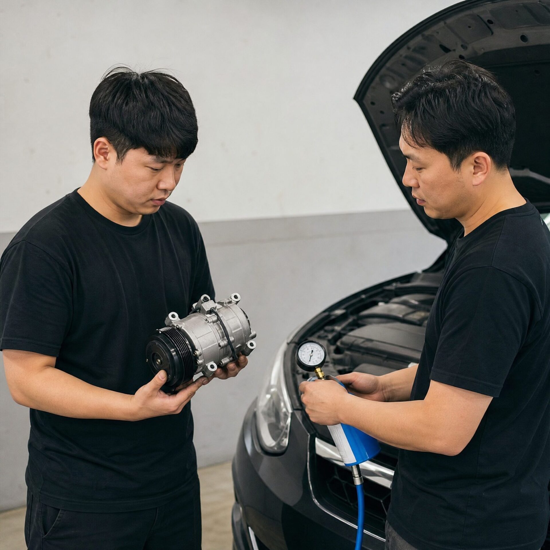 자동차 에어컨 컴프레셔와 냉매 충전 비교