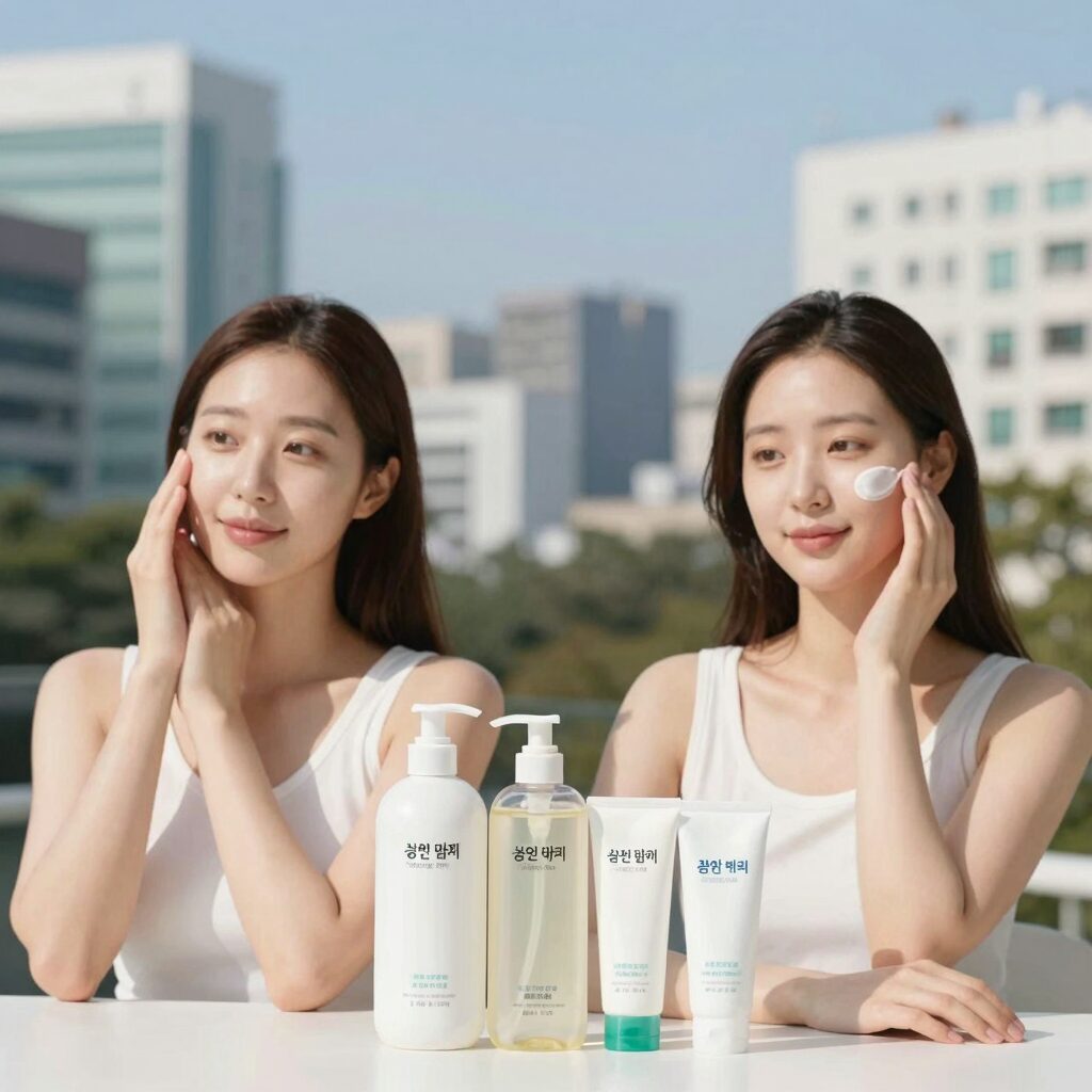 성인 땀띠 관리용 바디로션과 스킨케어 제품들의 사용 순서를 보여주는 이미지