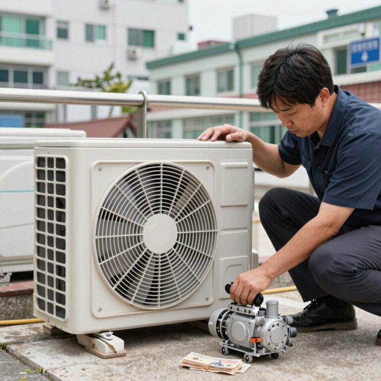 에어컨 실외기 팬과 모터 점검 모습