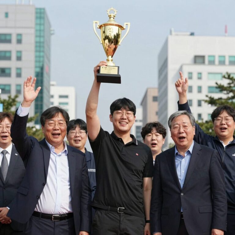 안산 웨이브스 오태곤 감독이 우승 트로피를 들고 환호하고 있다