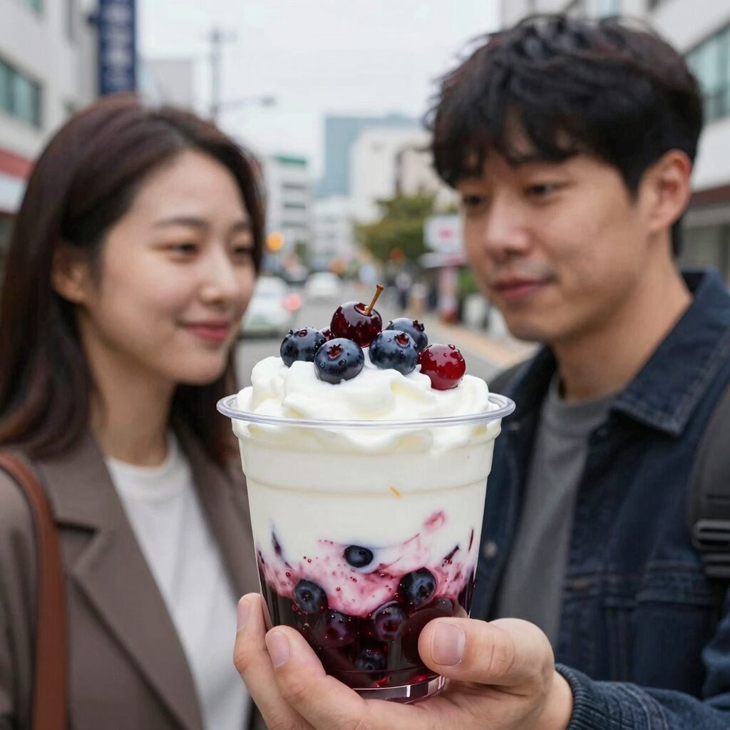 신선한 아로니아 생과와 플레인 요거트를 함께 섞어 맛있게 먹는 모습