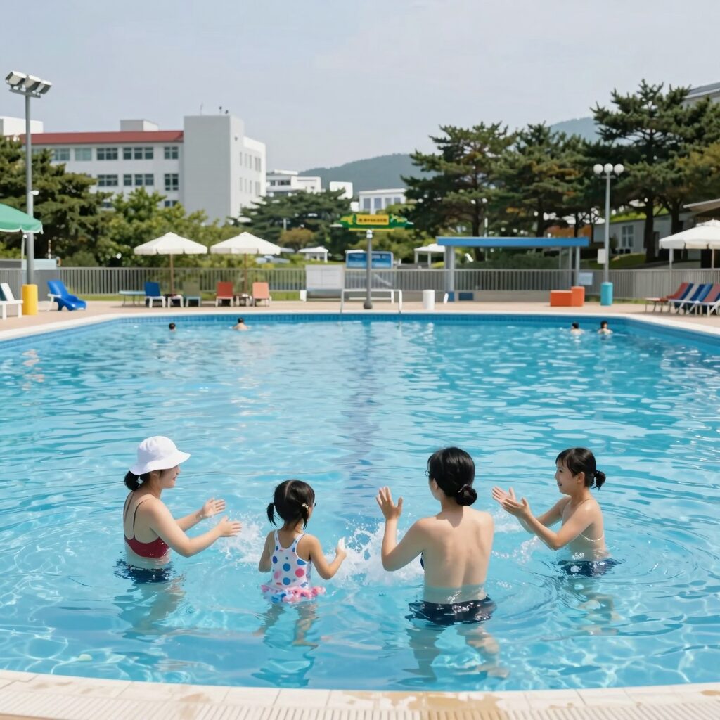 아산 수영장 펜션에서 물놀이하는 가족