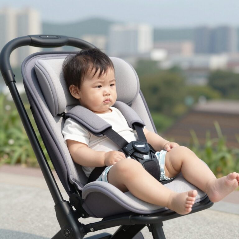 여름철 아기 카시트에 설치된 의자 쿨시트 사용 모습
