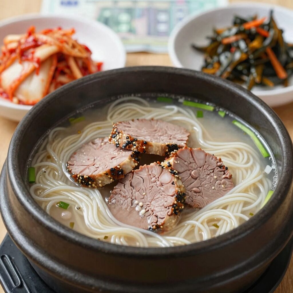고성 백촌막국수의 편육과 메밀국수, 백김치, 명태회무침이 함께 나온 모습