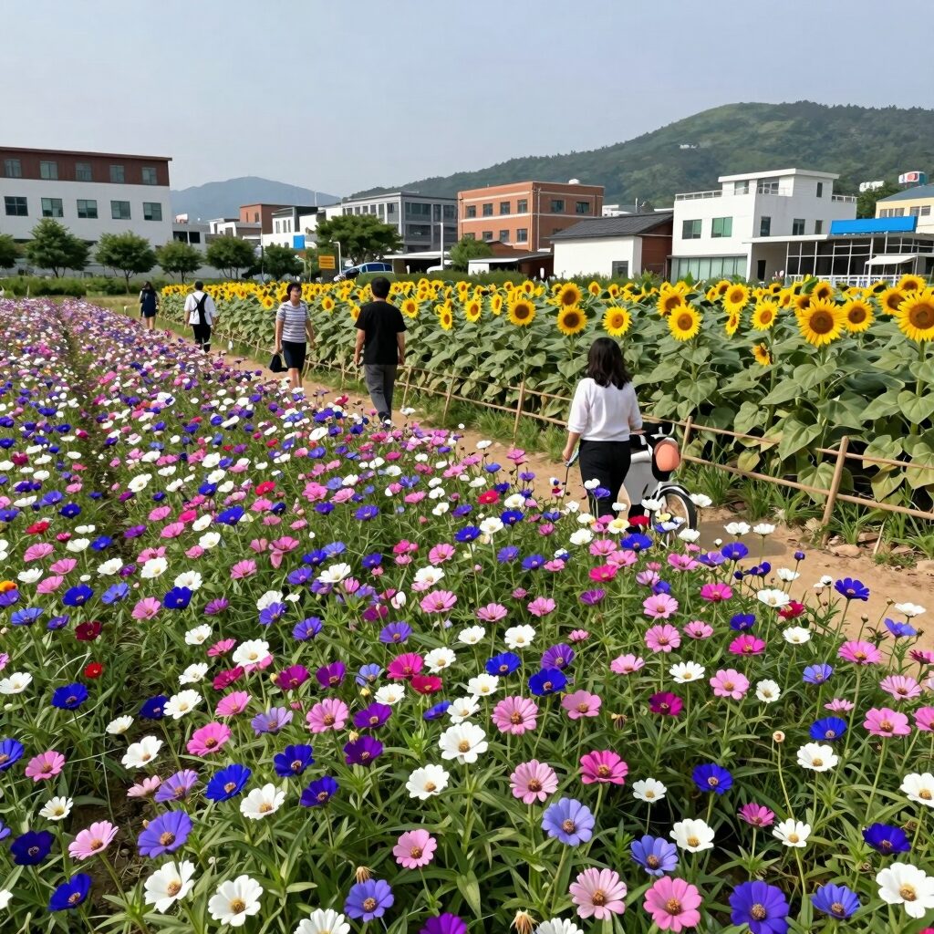 경주 카페 바실라의 만개한 백일홍 꽃밭과 해바라기 정원 풍경