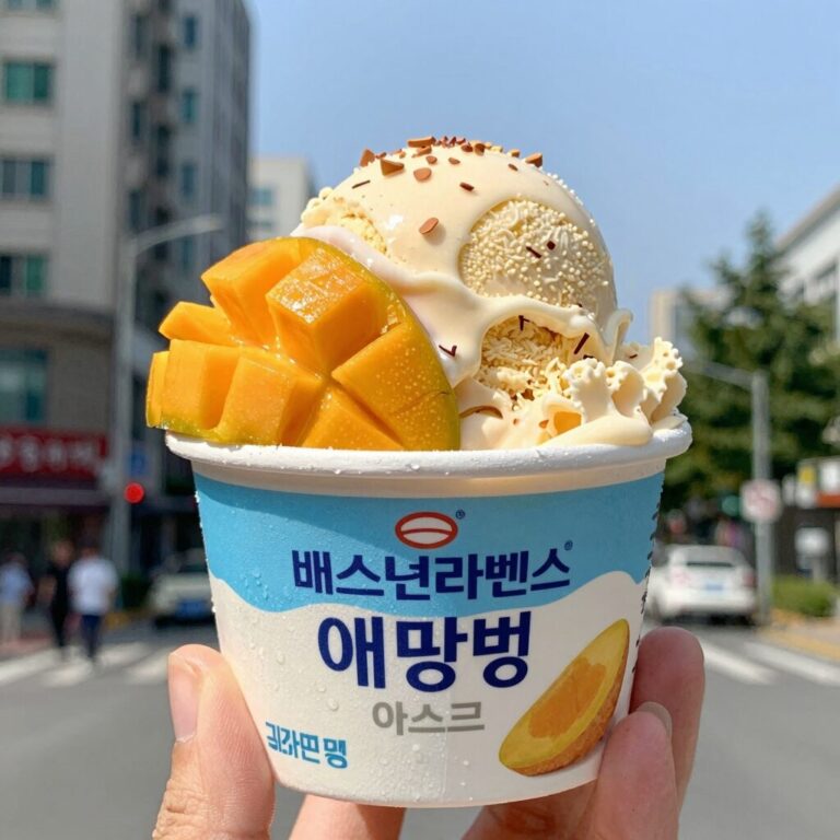 배스킨라빈스 애망빙 아이스크림 컵, 망고 샤베트와 코코넛 연유, 미니 펄이 보이는 클로즈업