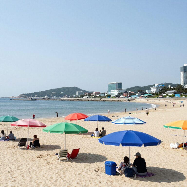 해변에 설치된 다양한 색상의 비치 파라솔