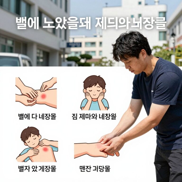 벌에 쏘였을때 침 제거와 냉찜질 등 응급 처치 방법을 단계별로 그림으로 설명