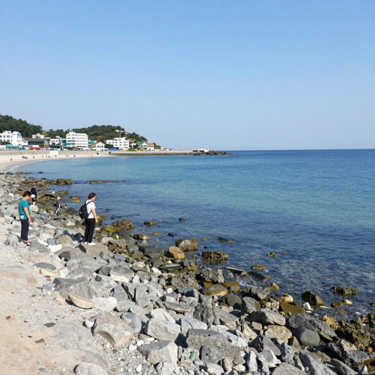 비진도 오션뷰 민방 샛담민박에서 바라본 푸른 바다와 몽돌해변 풍경