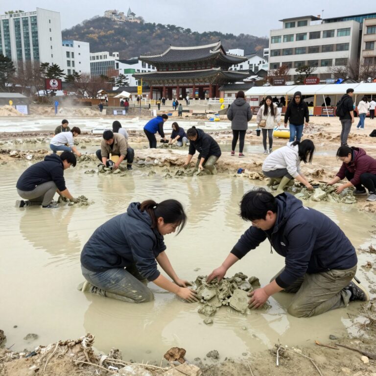 보령머드축제에서 머드 체험하는 관광객들
