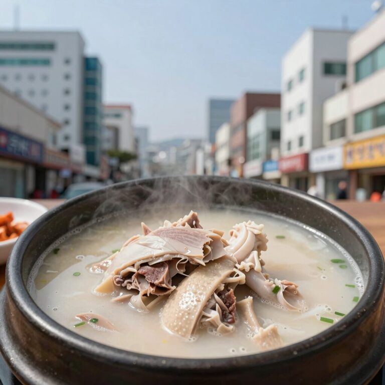 부산대 상주삼계탕과 물금삼계탕의 대표 삼계탕 사진 비교, 진한 국물과 닭고기 모습
