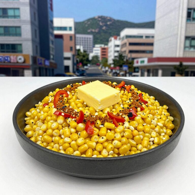 버터에 구운 초당옥수수에 파마산치즈와 파프리카가루가 뿌려진 접시 위의 완성된 요리