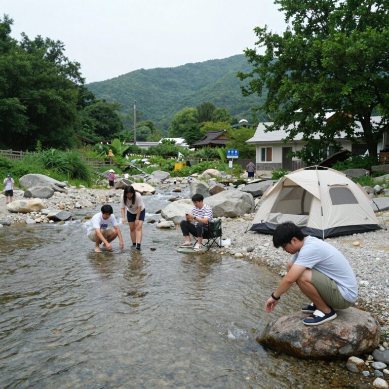 병지방 오토캠핑장 계곡 물놀이 장면