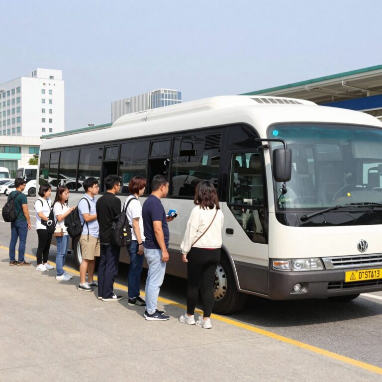 캐리비안베이 셔틀버스 탑승장에서 줄 서 있는 방문객들