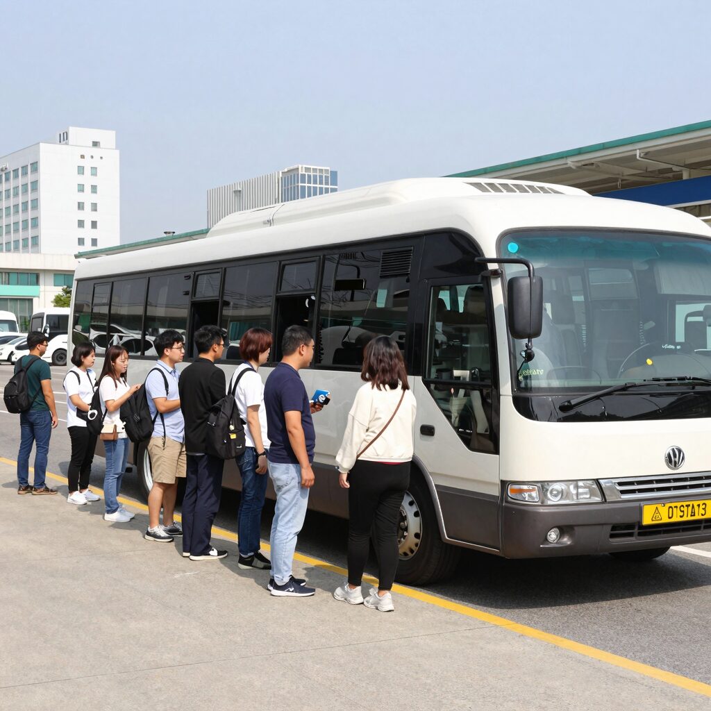 캐리비안베이 셔틀버스 탑승장에서 줄 서 있는 방문객들