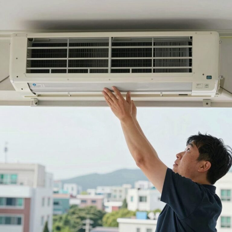 천장 에어컨 필터 청소 전후 먼지 제거 모습
