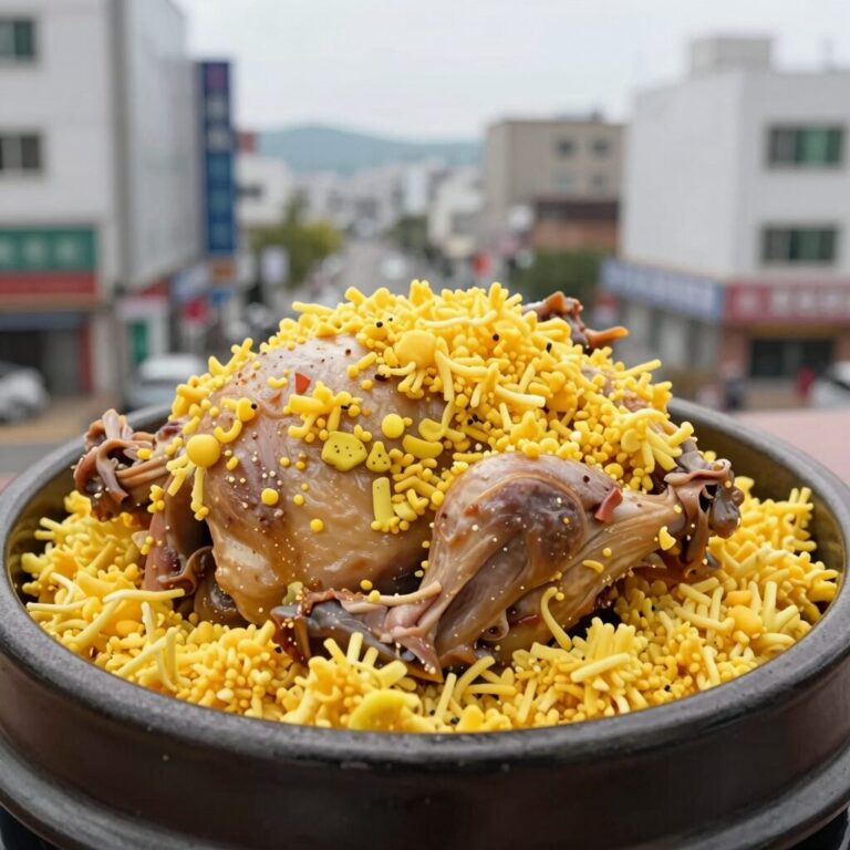 완성된 이연복 찹쌀닭찜, 찹쌀이 노릇하게 익어 닭 위에 덮여 있는 모습