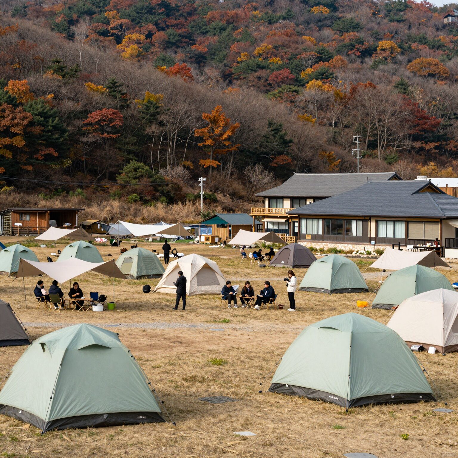 Chisan Valley free campsite overview with tents and autumn trees