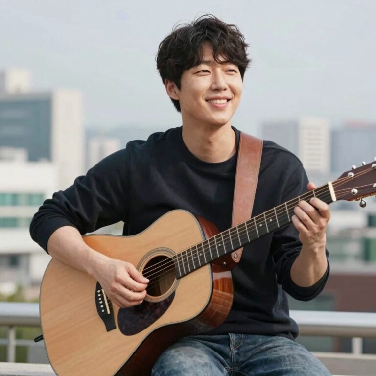 가수 최재명 프로필 사진 어쿠스틱 기타를 들고 따뜻한 미소를 짓는 모습