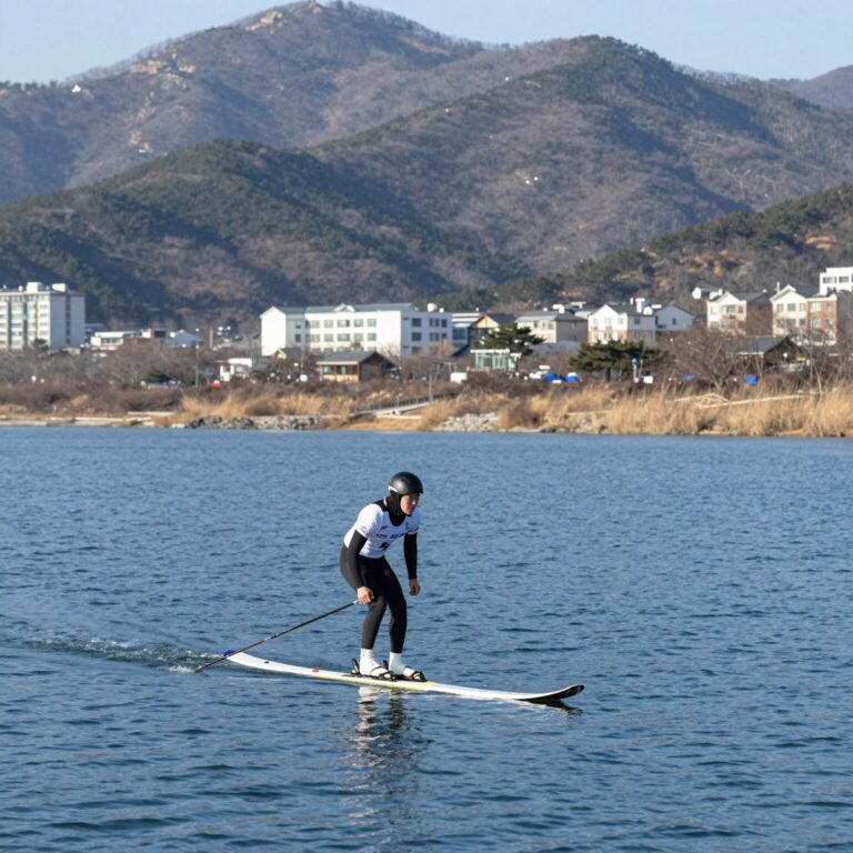충주호에서 수상스키를 타는 사람이 활공하는 모습, 배경은 맑은 호수와 푸른 산