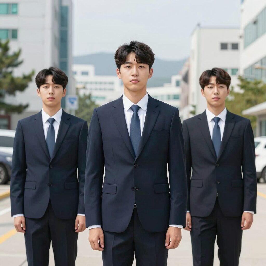 공무원 면접 복장으로 깔끔한 정장을 입은 지원자