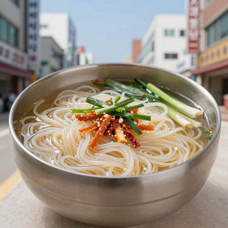 시원한 냉칼국수 그릇에 담긴 모습, 칼국수 면과 각종 고명이 어우러져 있다