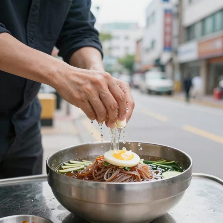 쫄깃하게 삶은 냉면을 찬물에 헹구는 과정