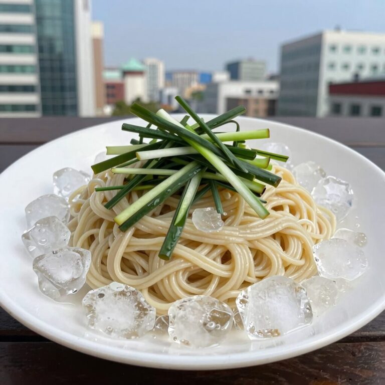 시원한 냉우동 완성 접시, 얼음 위에 면과 고명이 올려져 있음