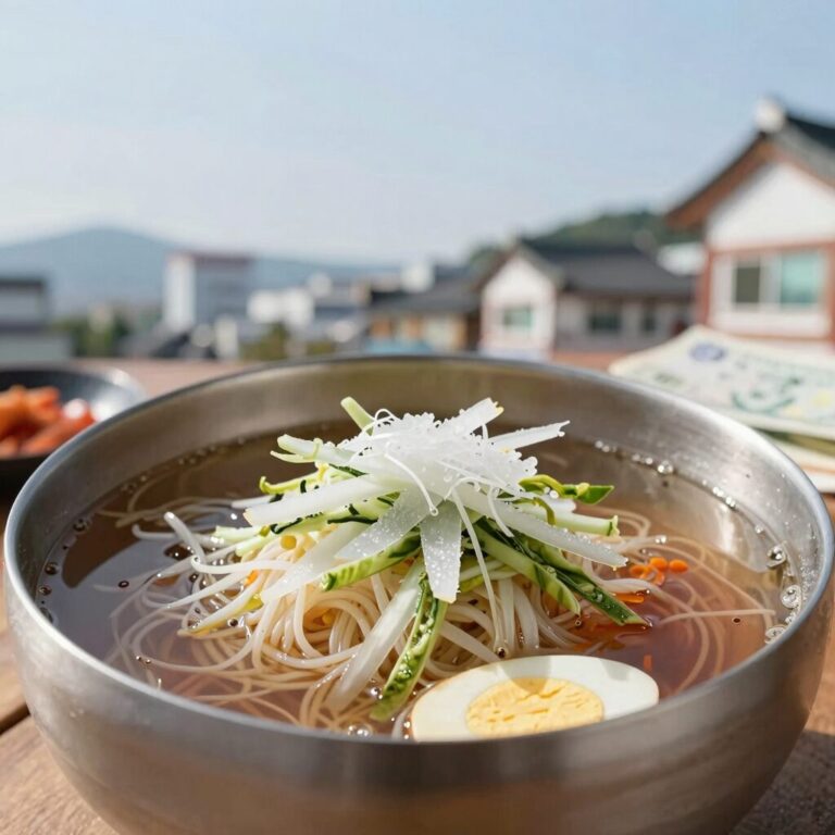 집에서 만든 함흥냉면 한 그릇 살얼음 동동 오이와 무사리 토핑