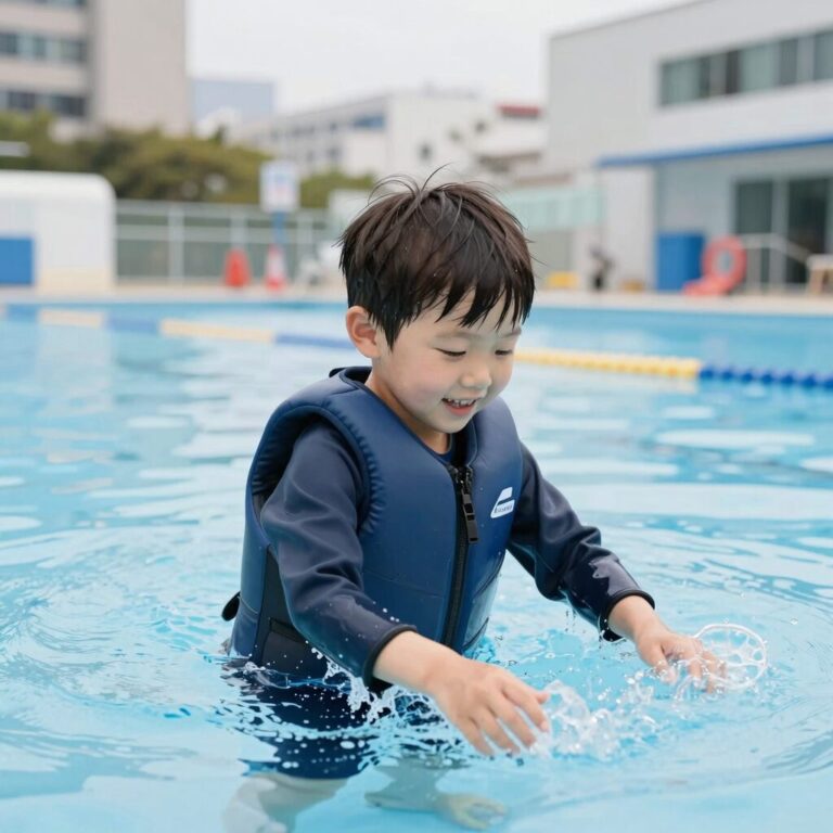 콜맨퍼들점퍼를 착용한 아이가 수영장에서 즐겁게 물놀이하는 모습 안전한 부력 보조복
