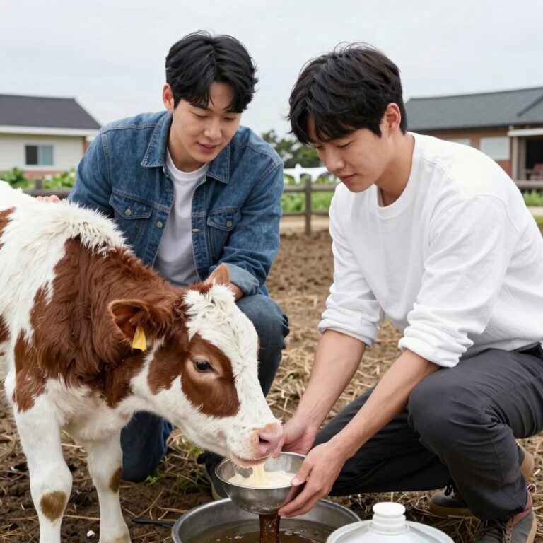 콩콩팜팜 제주 목장에서 이광수, 김우빈, 도경수가 송아지에게 우유를 먹이는 장면