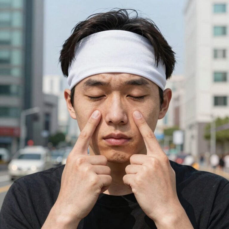 이마에 붙인 쿨팩을 손가락으로 누르고 있는 모습