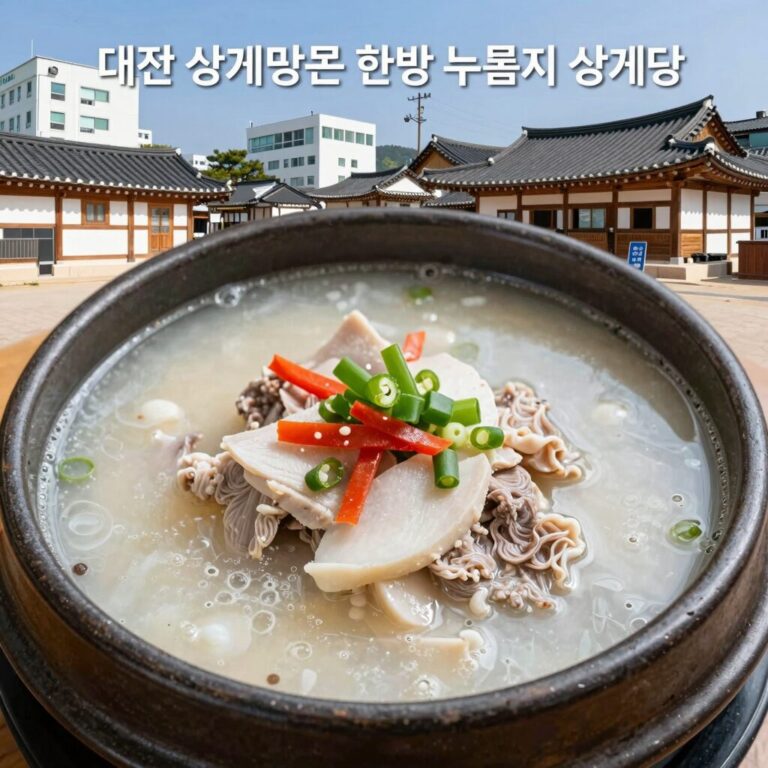 대전 삼계탕 맛집 시골양반촌 한방 누룽지 삼계탕이 커다란 접시에 담겨 있는 모습