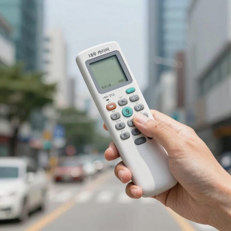 대우 캐리어 센츄리 호환 통합 에어컨 리모컨 IRD-312를 손에 쥐고 작동하는 모습